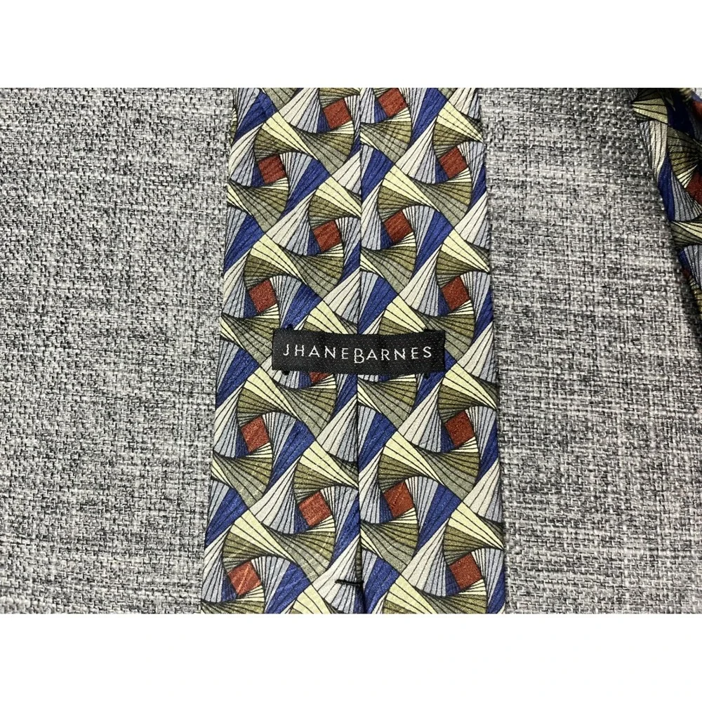 Jhane Barnes Mens Silk Tie Geometric Spiral Blue Tan Green Rust Made in Japan